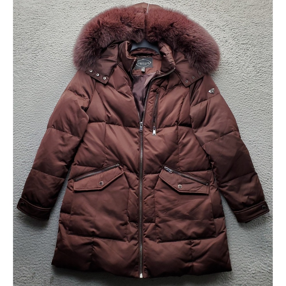 1 Madison Down Puffer Coat Womens Large Brown Lined Faux Fur Hood Full Zip EUC